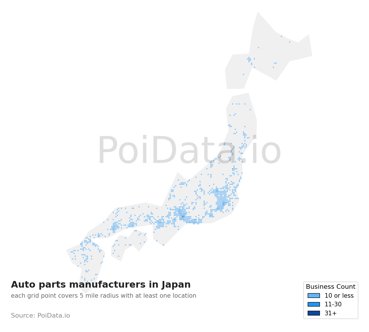 Auto parts manufacturer density map for Osaka, Japan