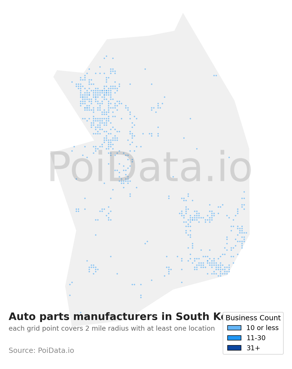 Auto parts manufacturer density map for South Korea