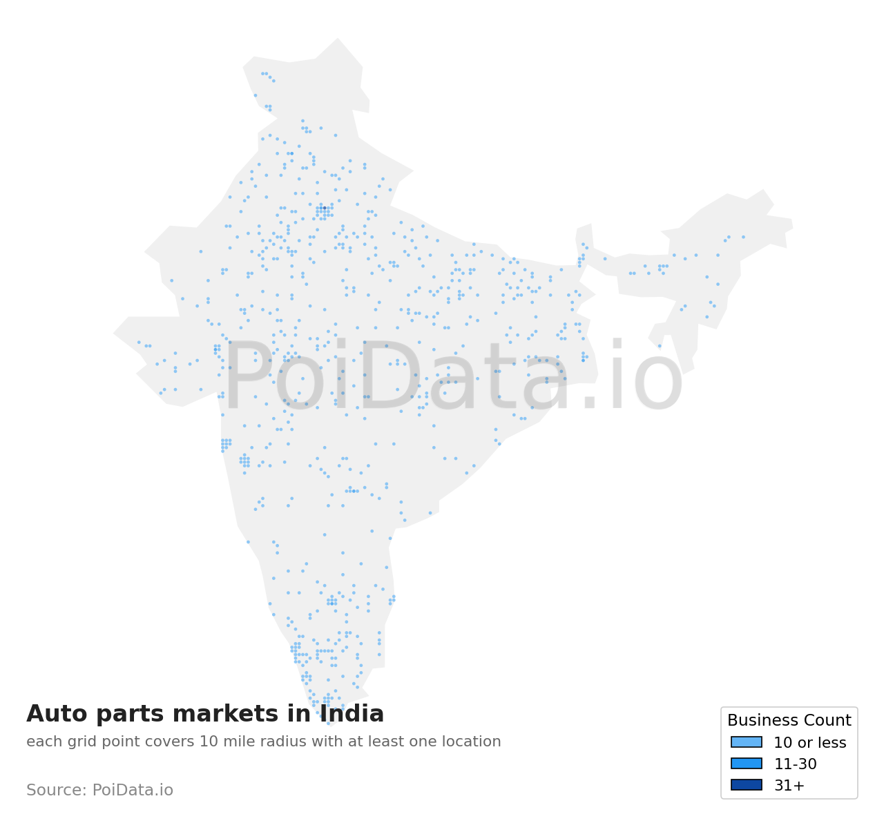 Auto parts market density map for India