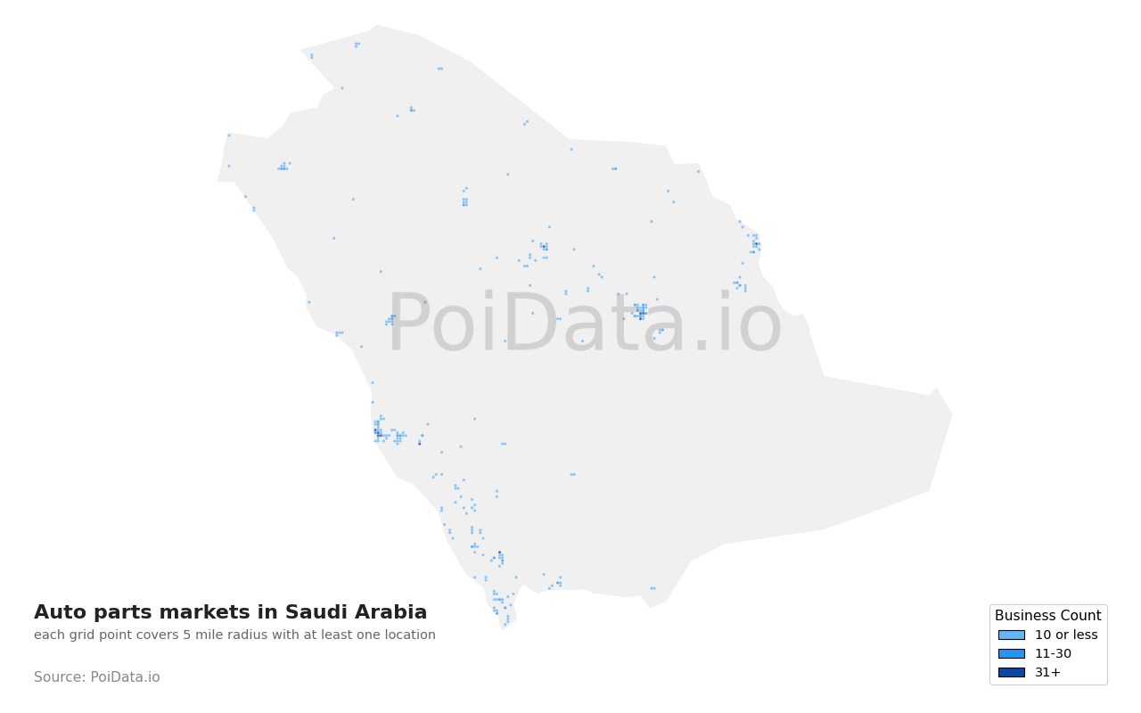 Auto parts market density map for Saudi Arabia