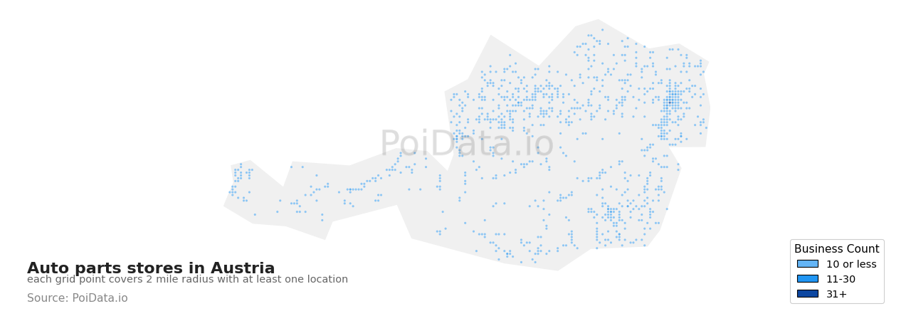 Auto parts store density map for Austria