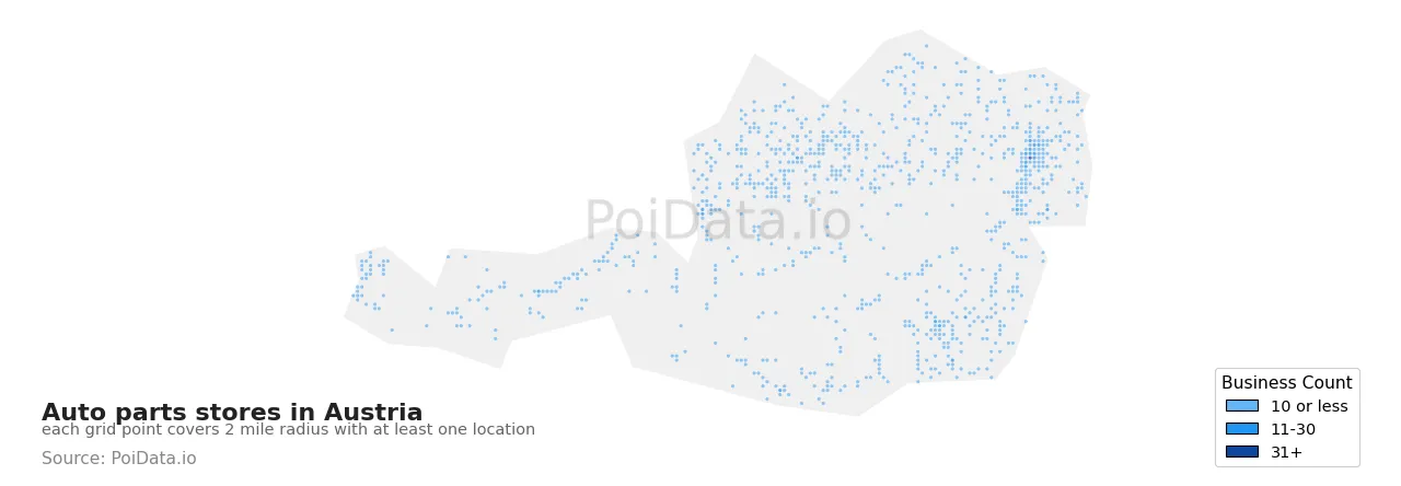 Auto parts store density map for Austria