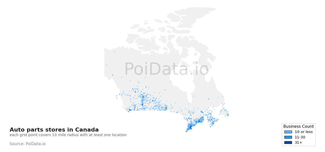 Auto parts store density map for Canada