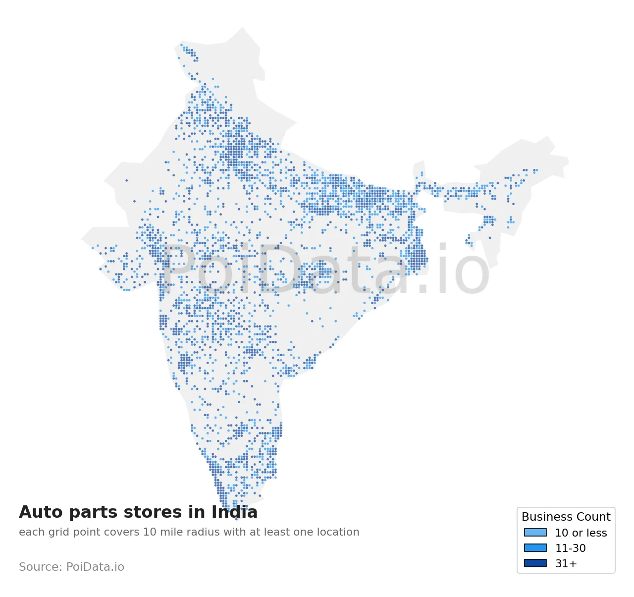 Auto parts store density map for India