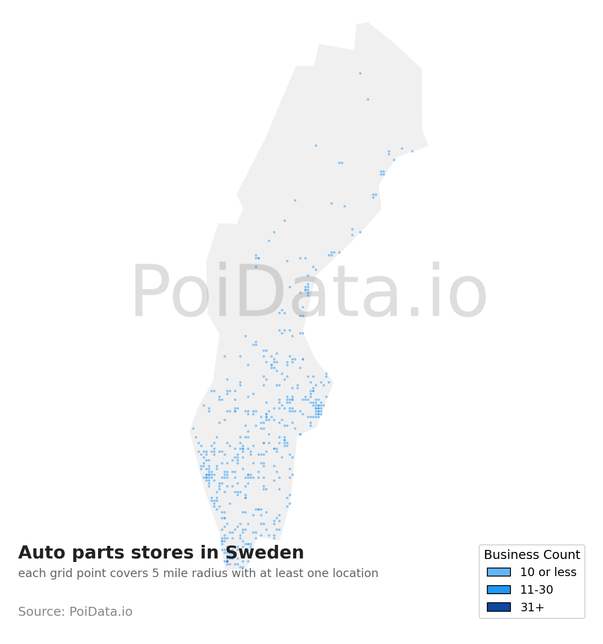 Auto parts store density map for Sweden