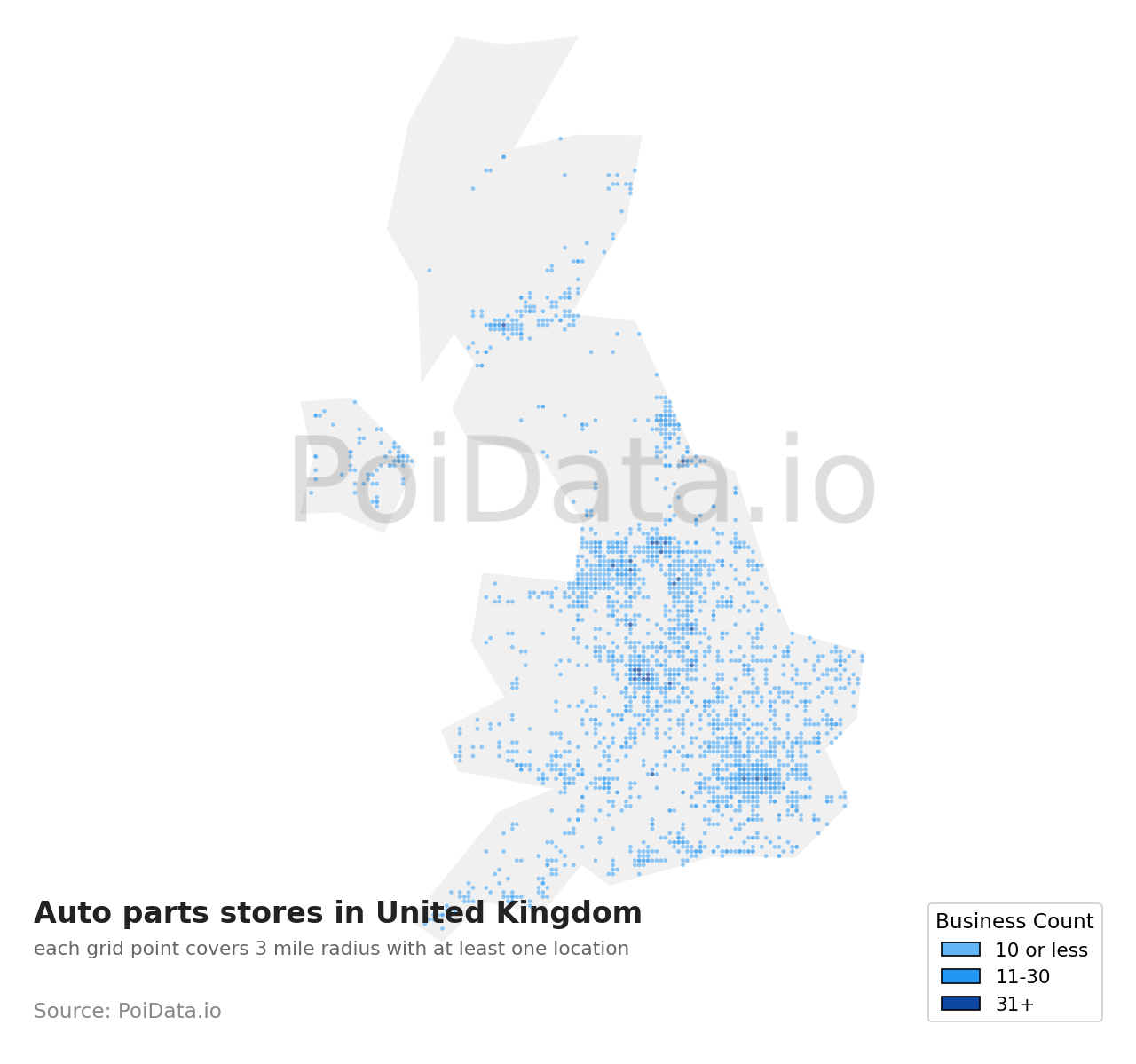 Auto parts store density map for United Kingdom