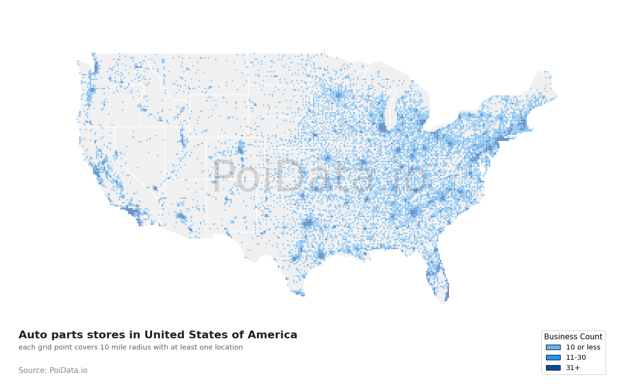 Auto parts store density map for United States
