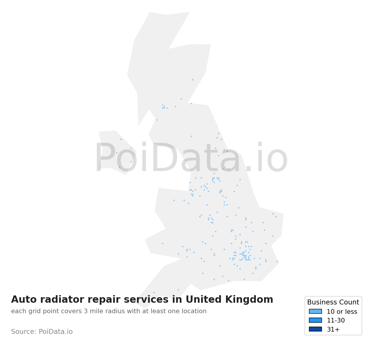 Auto radiator repair service density map for United Kingdom
