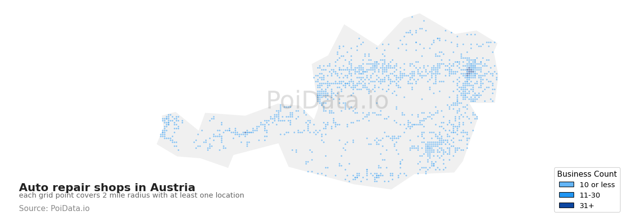 Auto repair shop density map for Austria