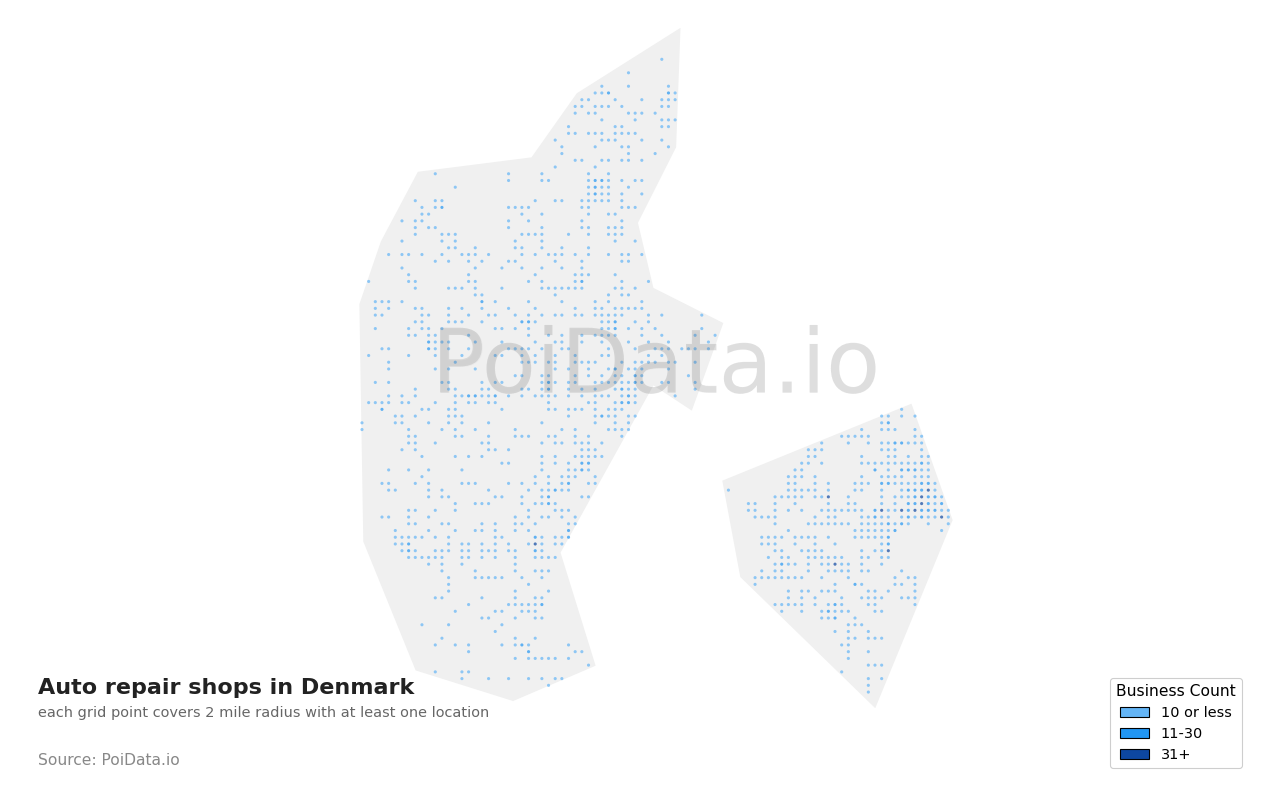 Auto repair shop density map for Denmark