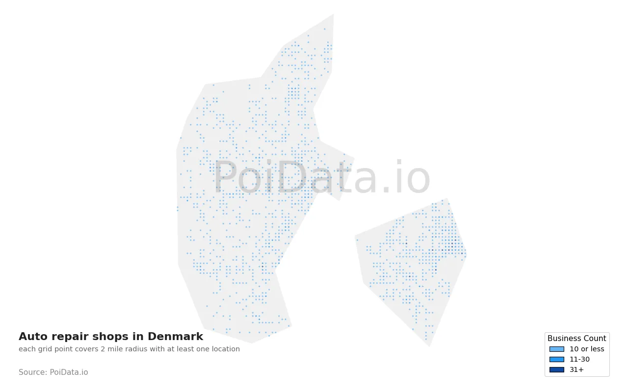 Auto repair shop density map for Denmark