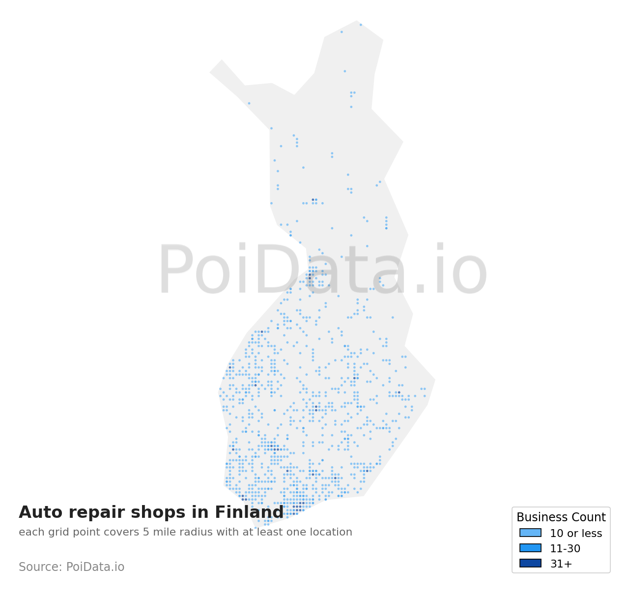 Auto repair shop density map for Finland