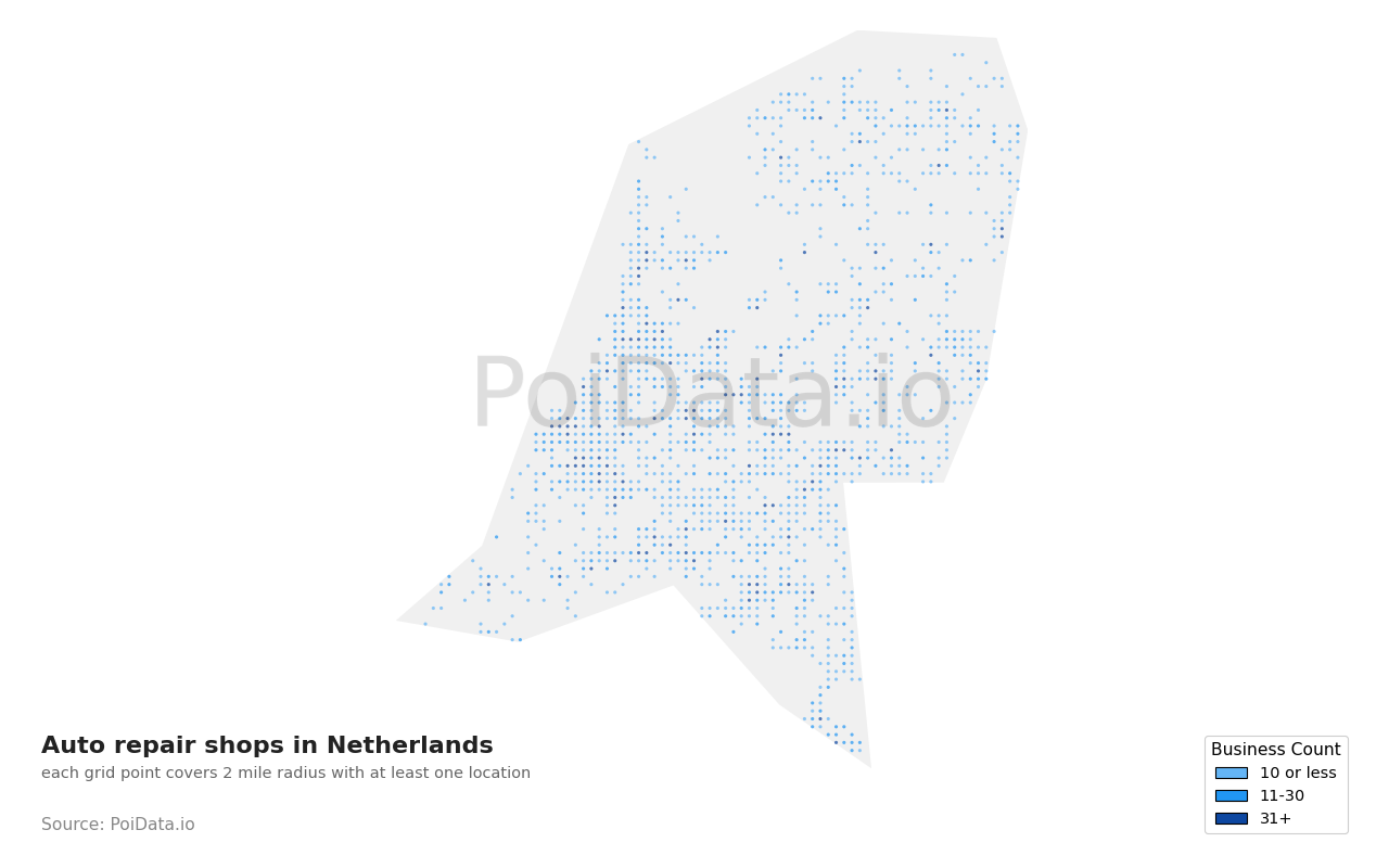 Auto repair shop density map for Netherlands