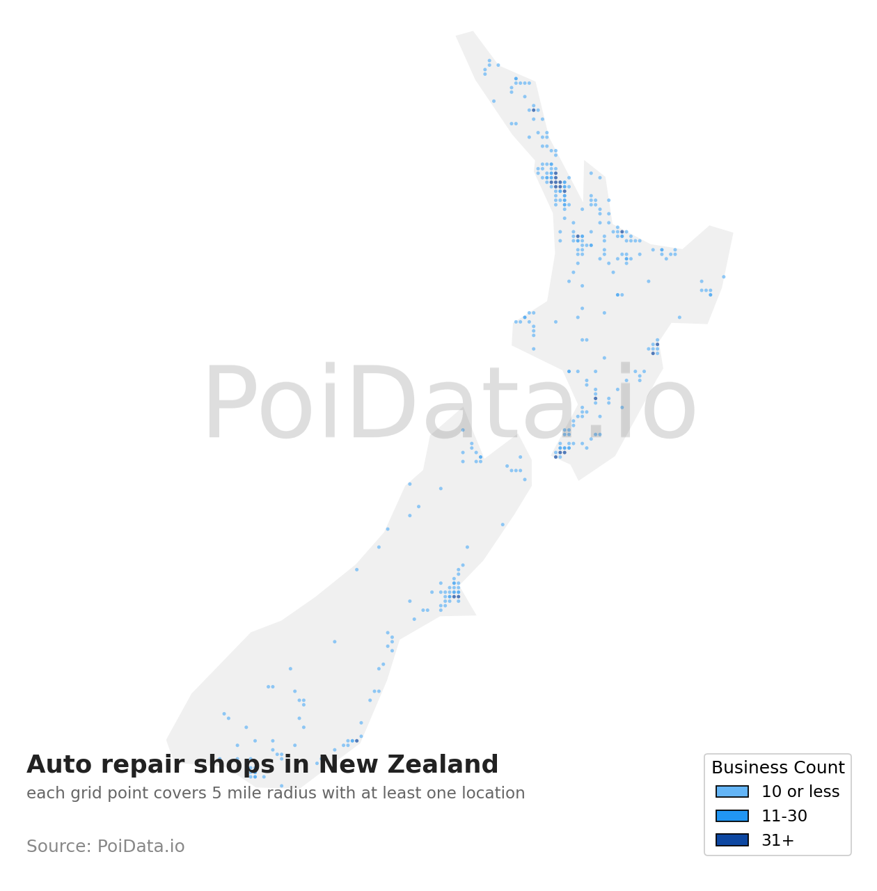 Auto repair shop density map for New Zealand