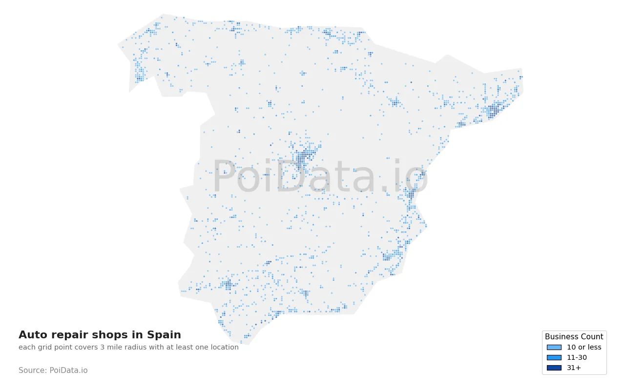 Auto repair shop density map for Spain