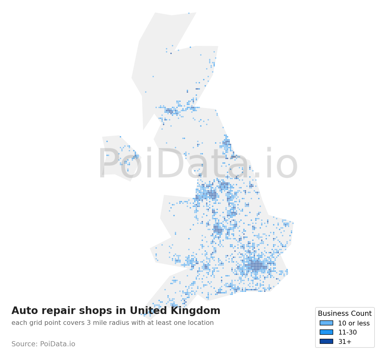 Auto repair shop density map for United Kingdom