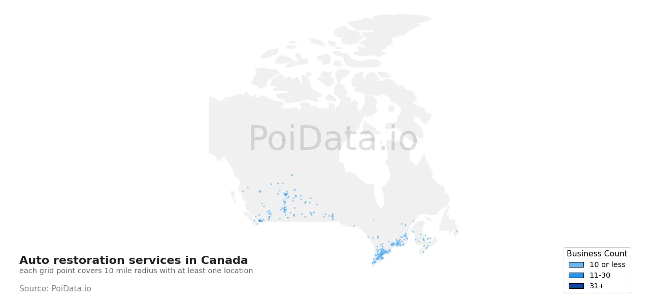 Auto restoration service density map for Canada