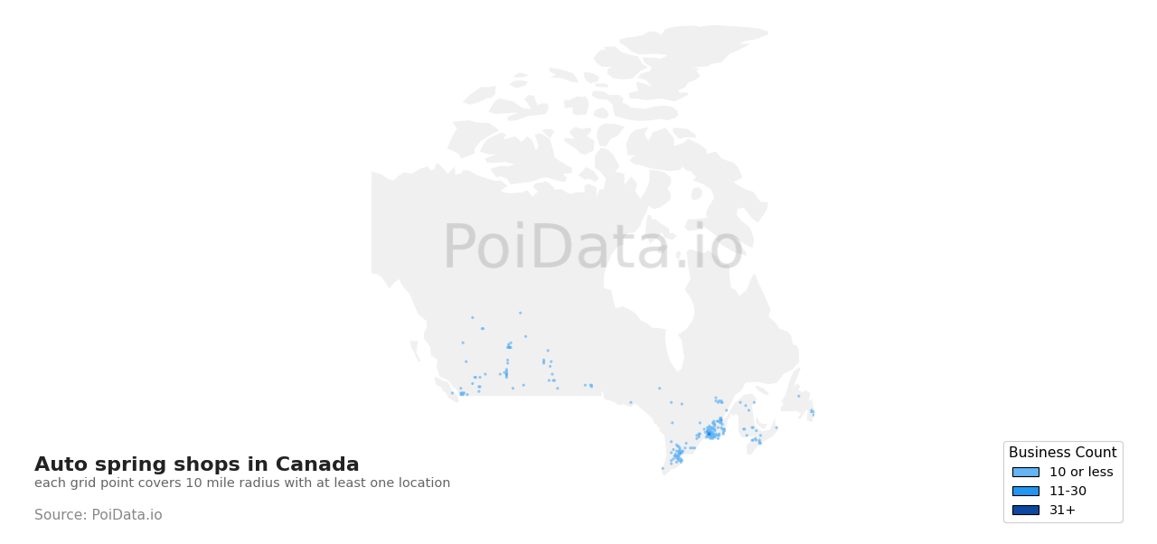 Auto spring shop density map for Canada