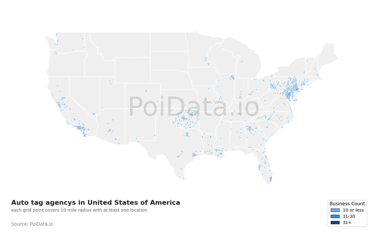 Auto tag agency density map for United States