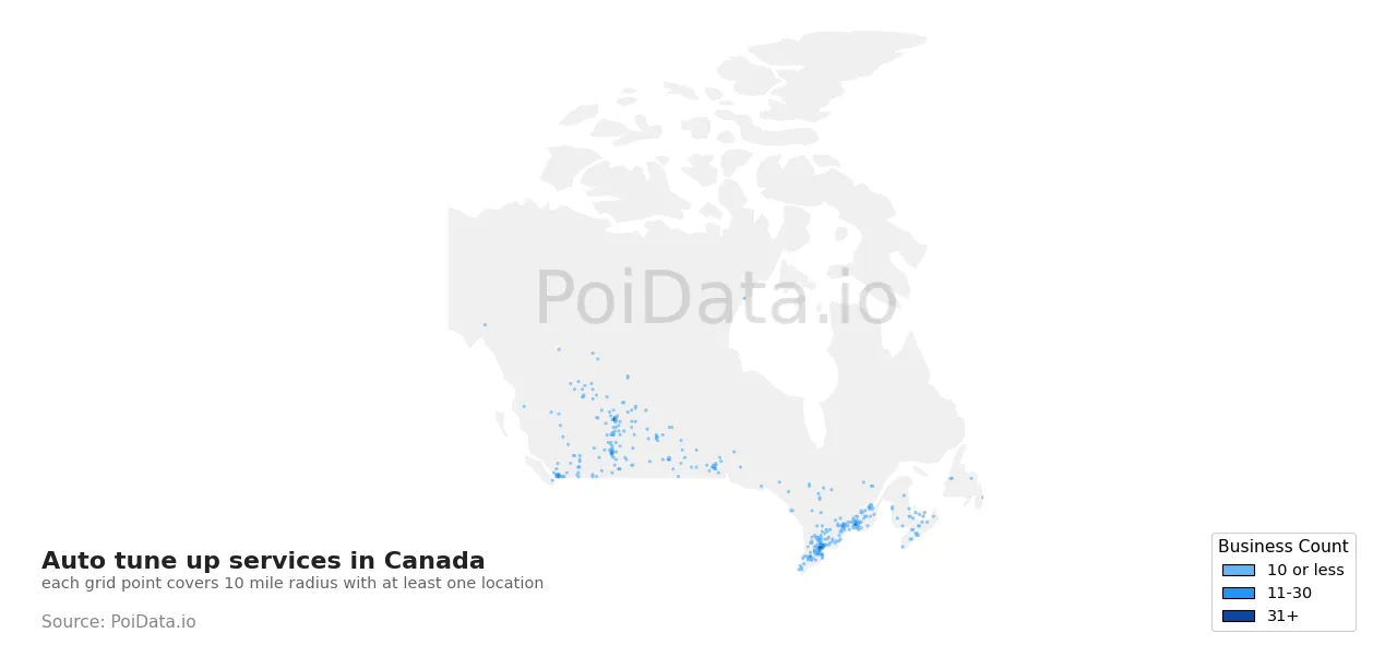 Auto tune up service density map for Canada