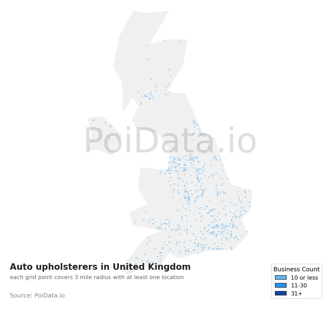 Auto upholsterer density map for United Kingdom