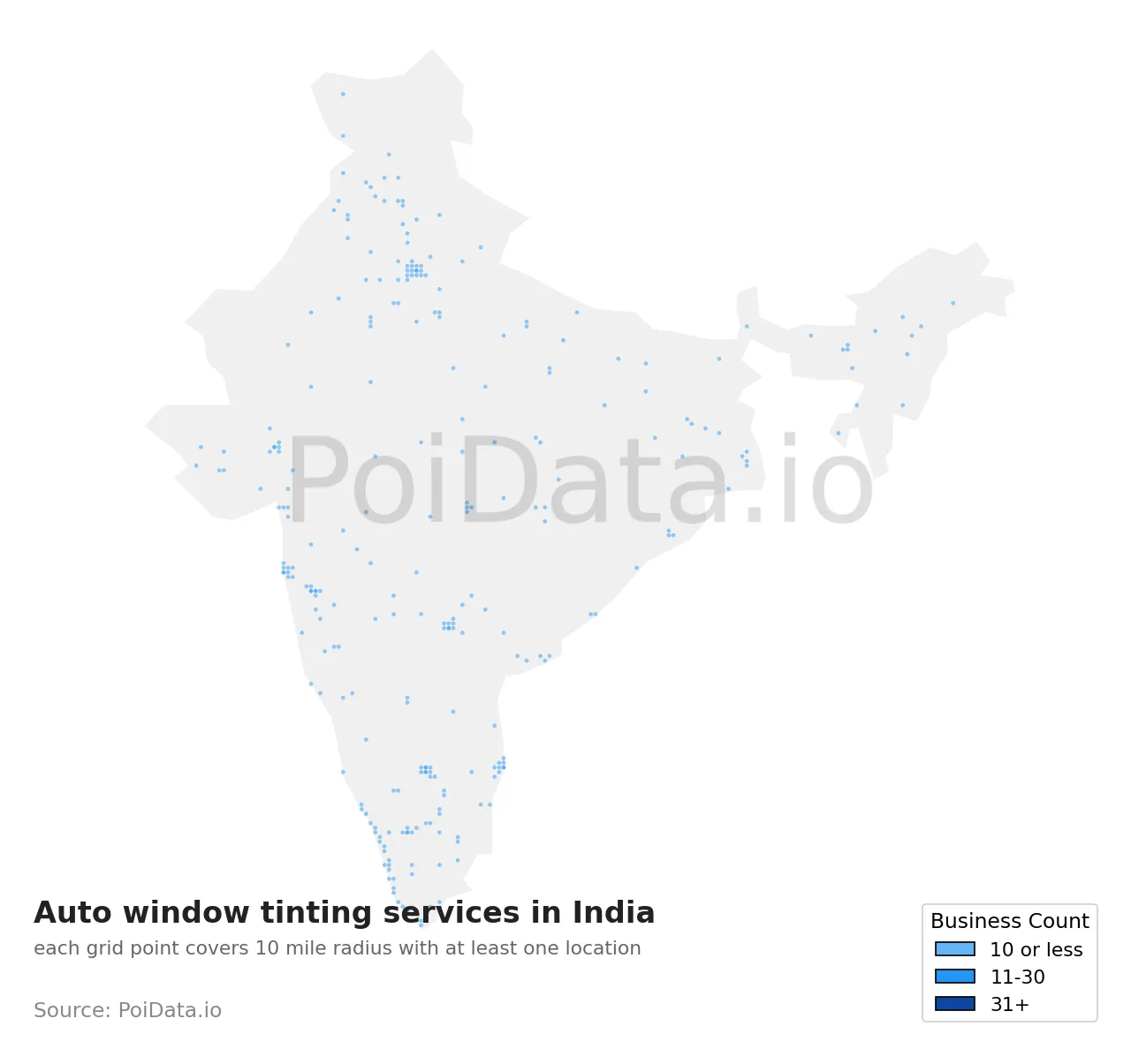 Auto window tinting service density map for India