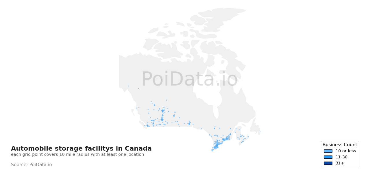 Automobile storage facility density map for Canada
