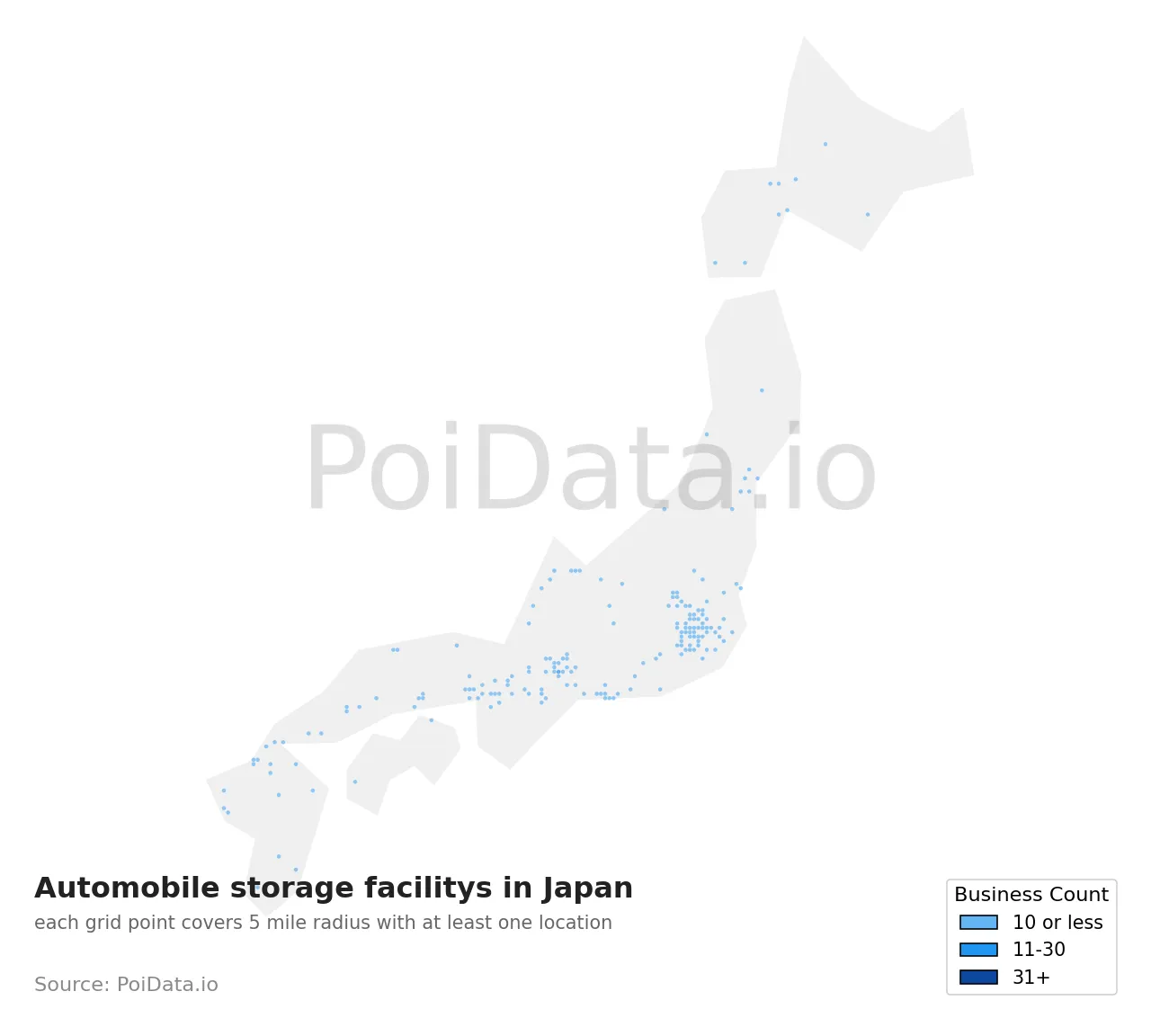 Automobile storage facility density map for Japan
