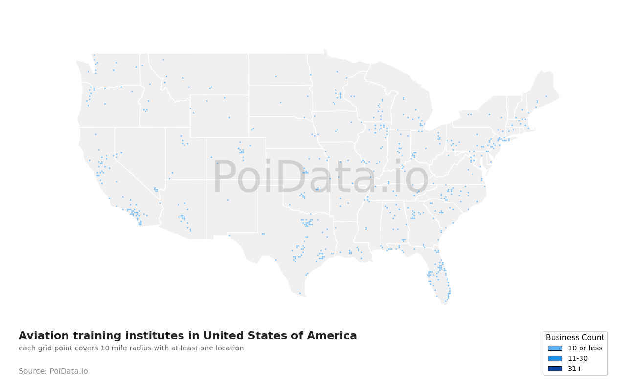 Aviation training institute density map for United States