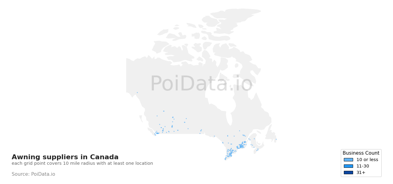 Awning supplier density map for New Brunswick, Canada