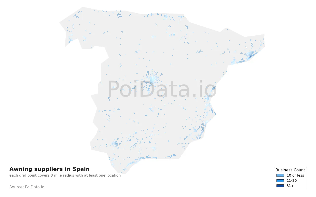 Awning supplier density map for Spain