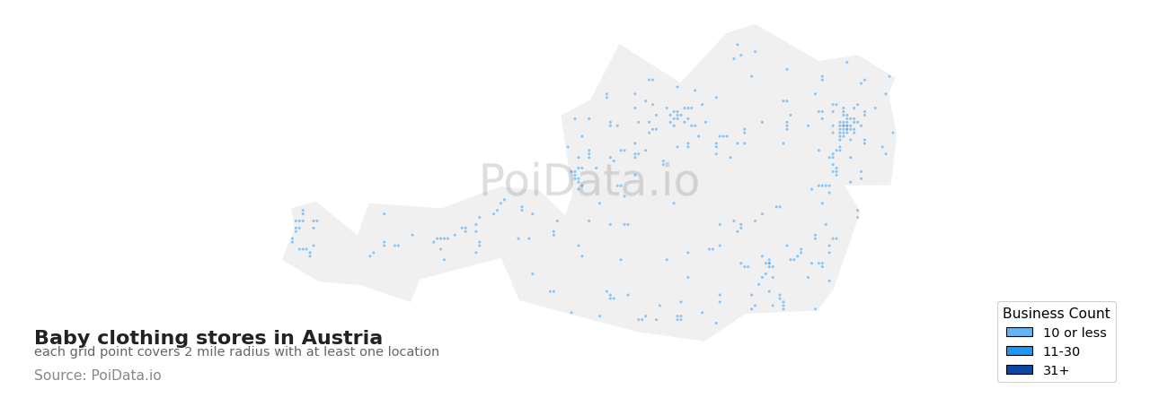 Baby clothing store density map for Austria