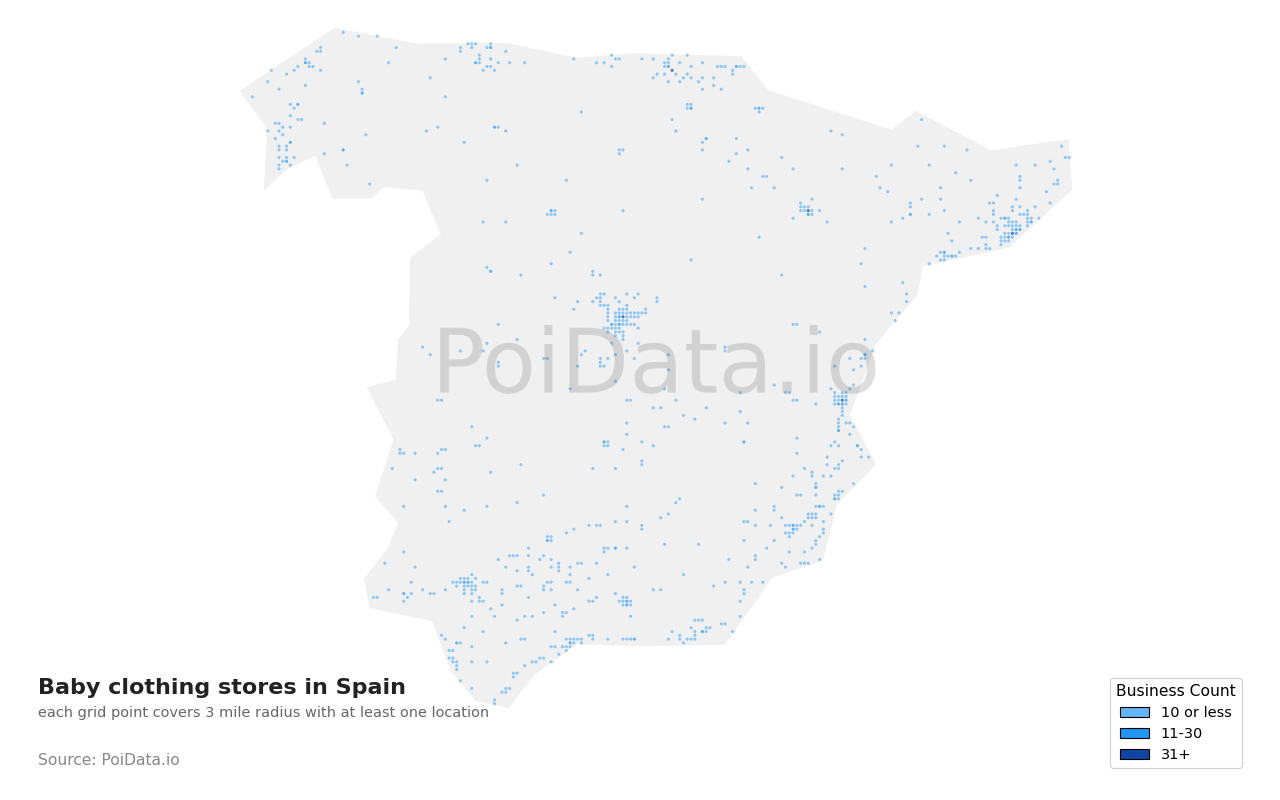 Baby clothing store density map for Spain