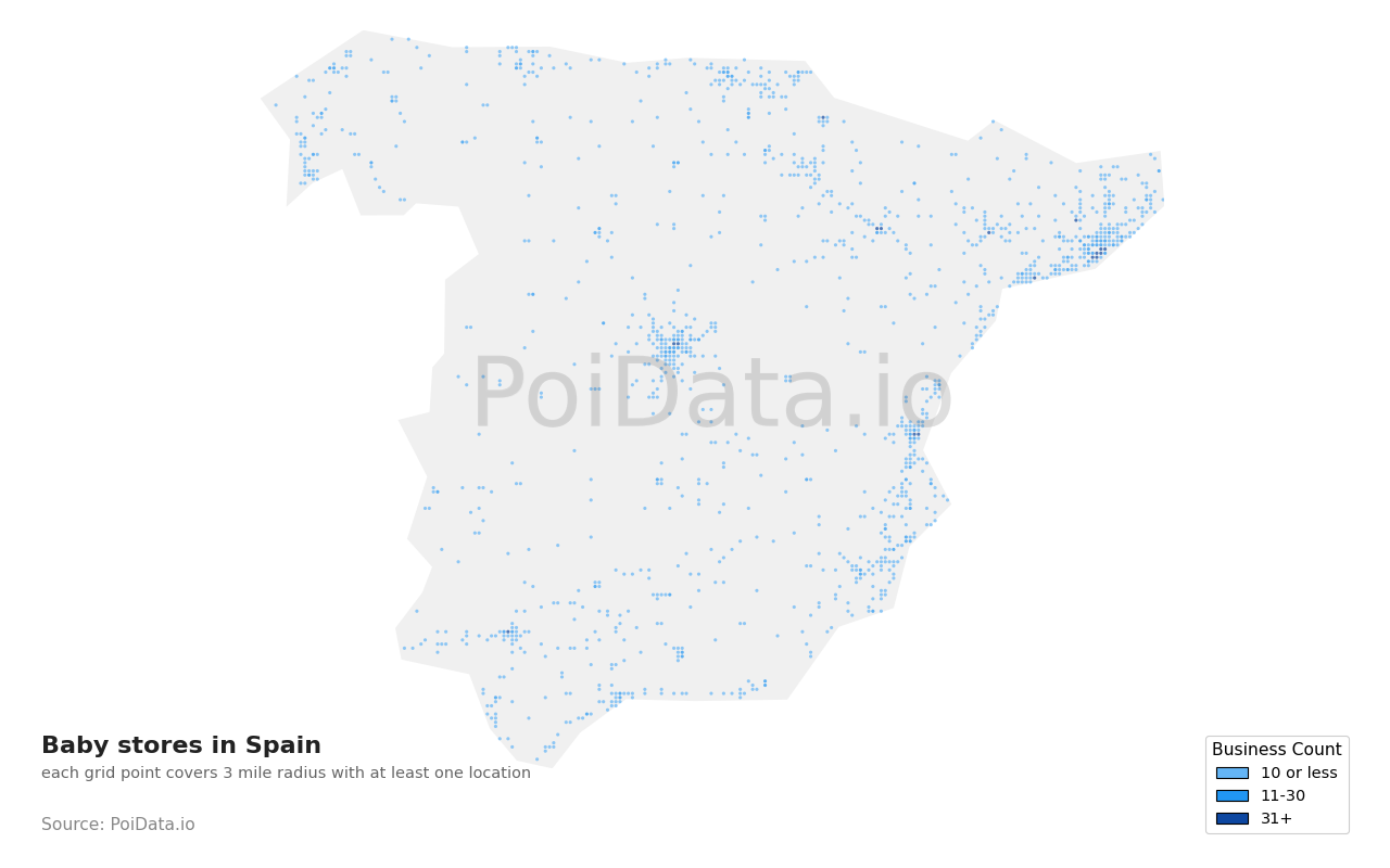 Baby store density map for Spain