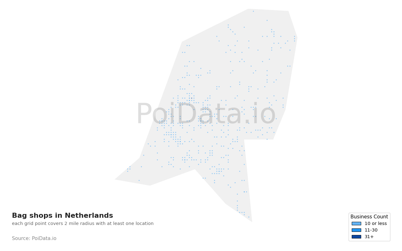 Bag shop density map for Netherlands
