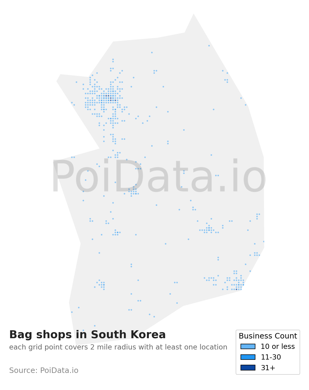 Bag shop density map for South Korea