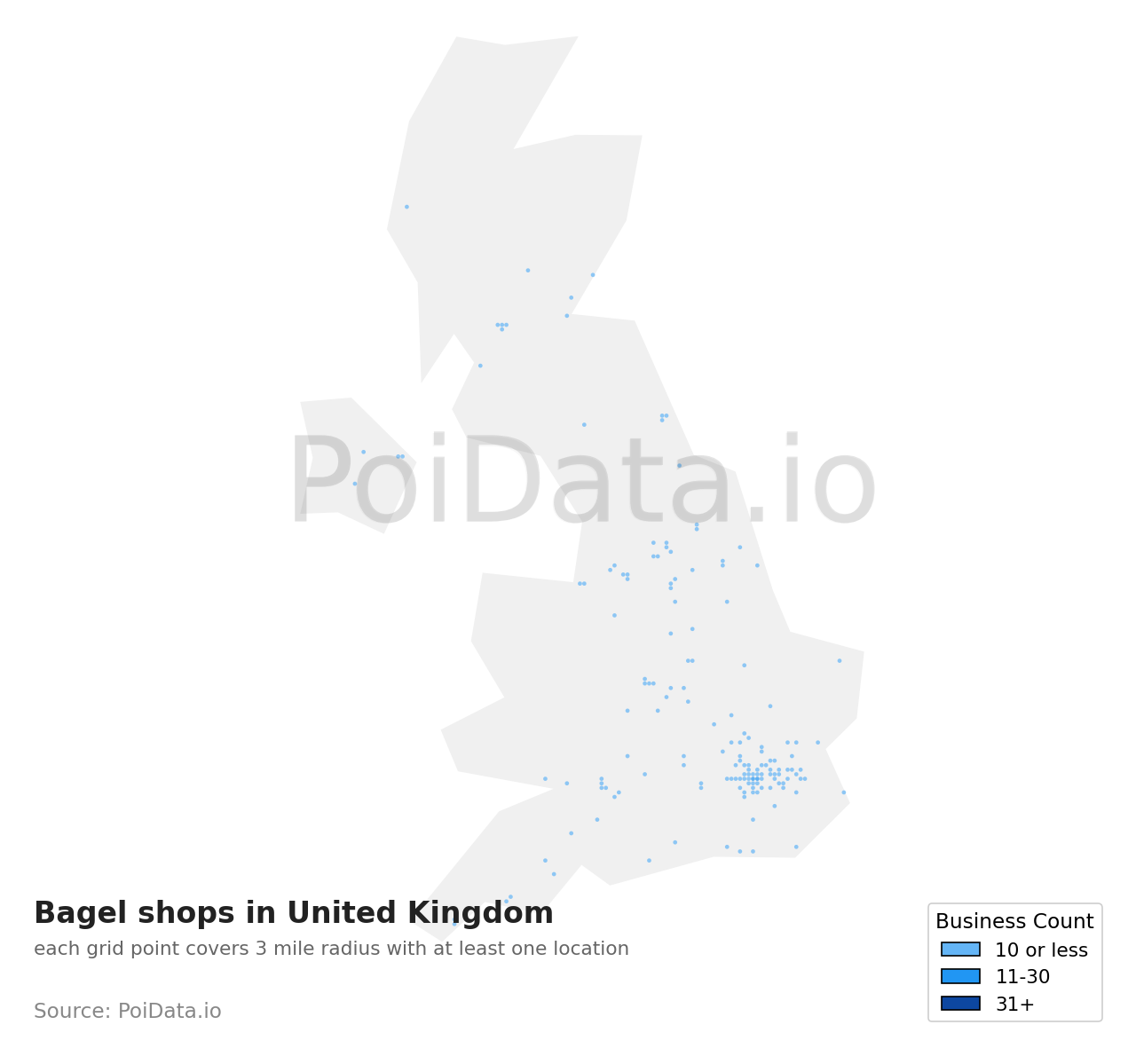 Bagel shop density map for United Kingdom