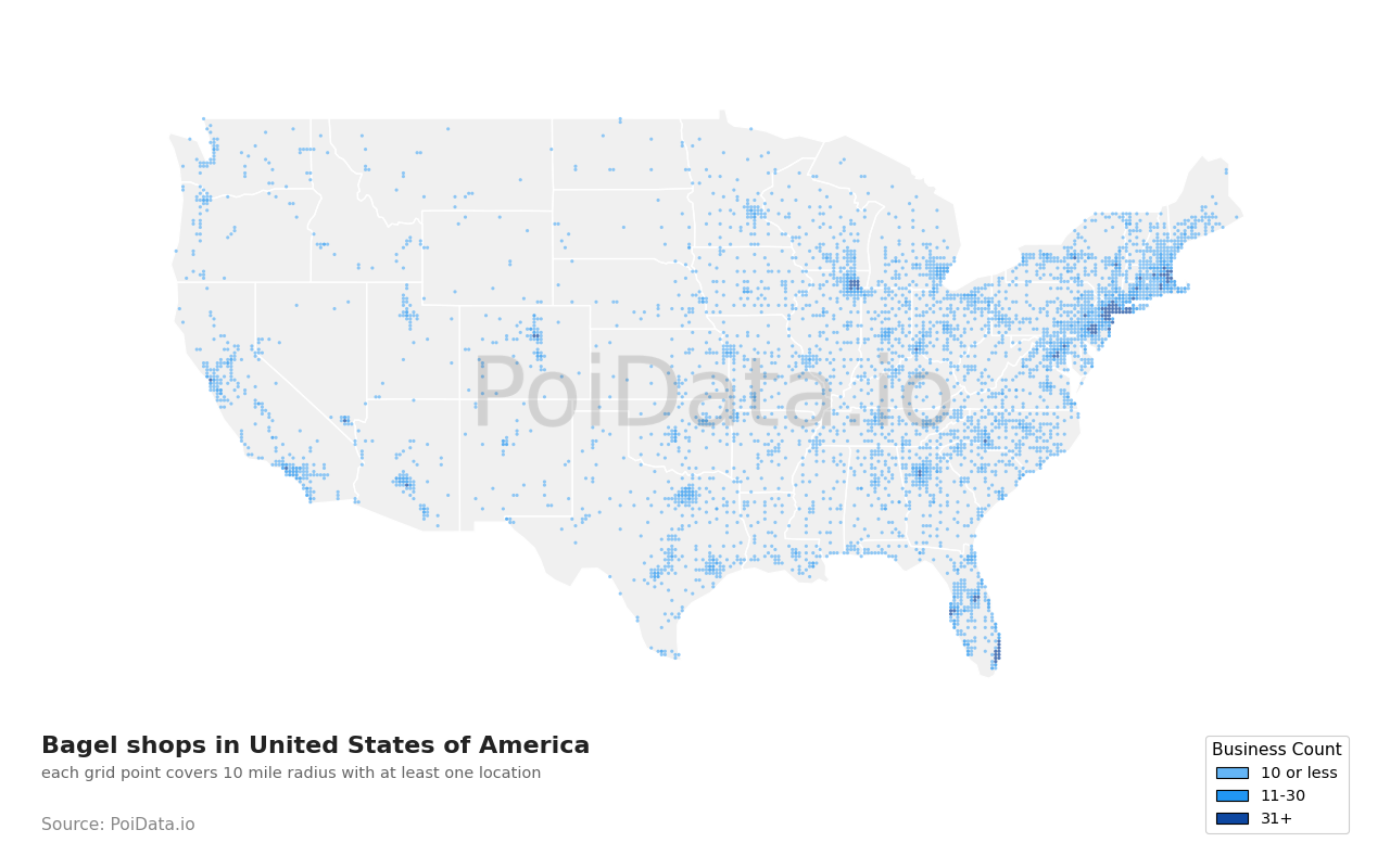 Bagel shop density map for United States
