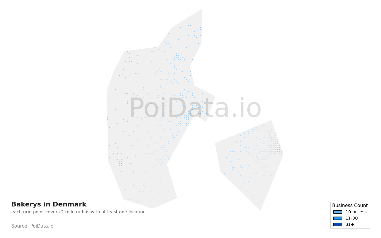 Bakery density map for Denmark