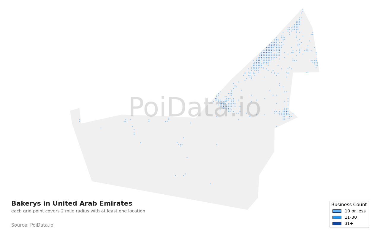 Bakery density map for United Arab Emirates