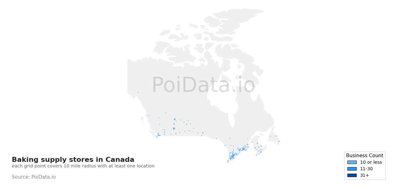 Baking supply store density map for New Brunswick, Canada