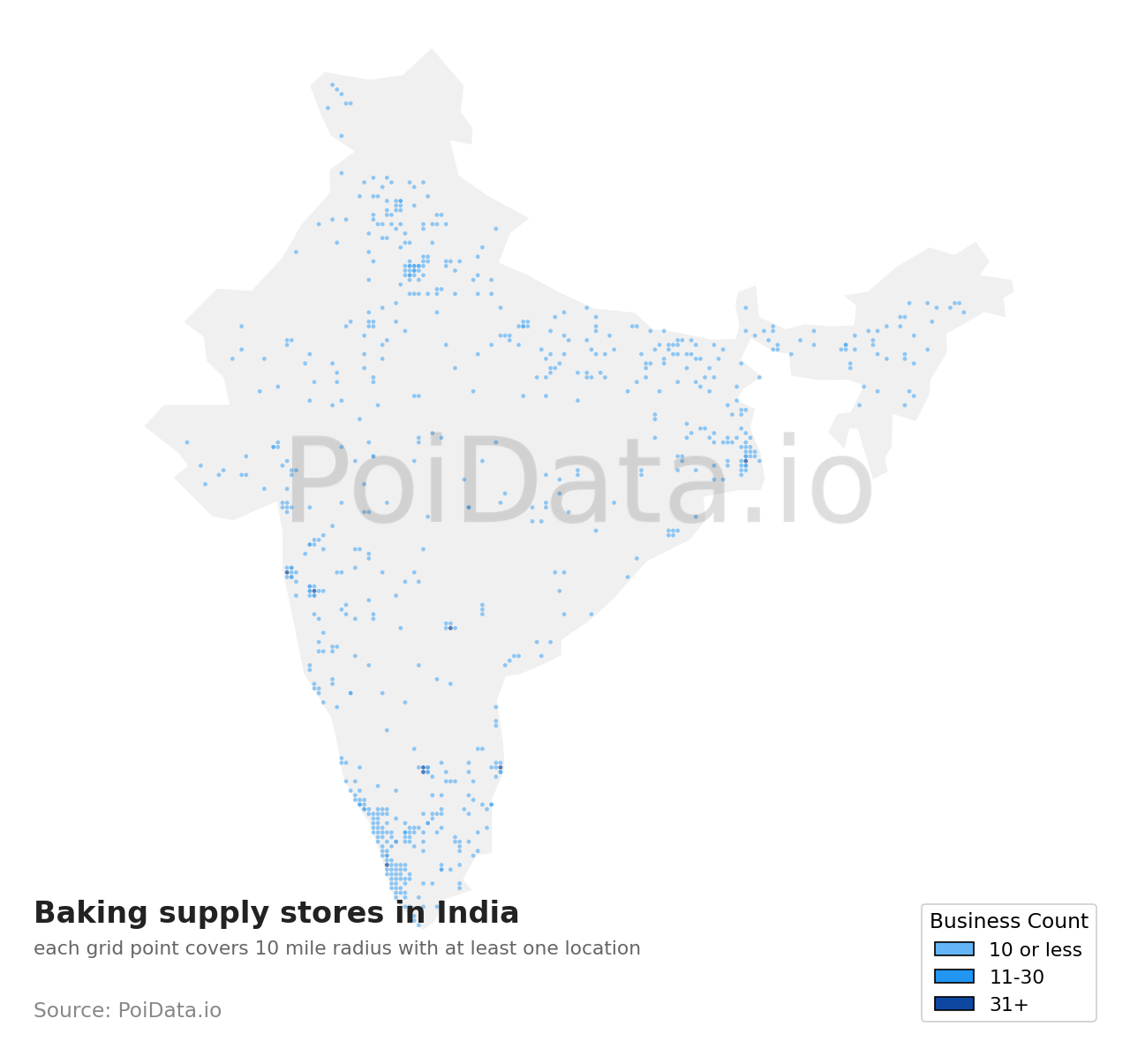 Baking supply store density map for India