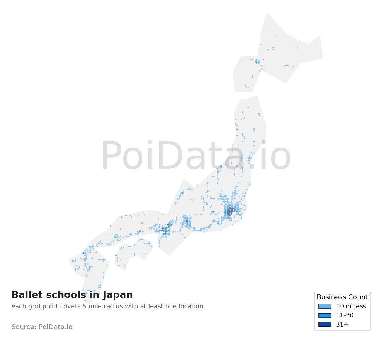 Ballet school density map for Japan