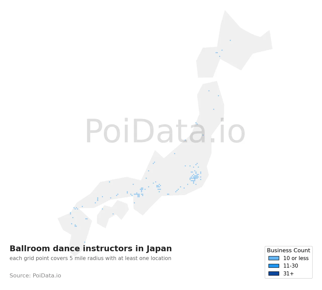 Ballroom dance instructor density map for Japan