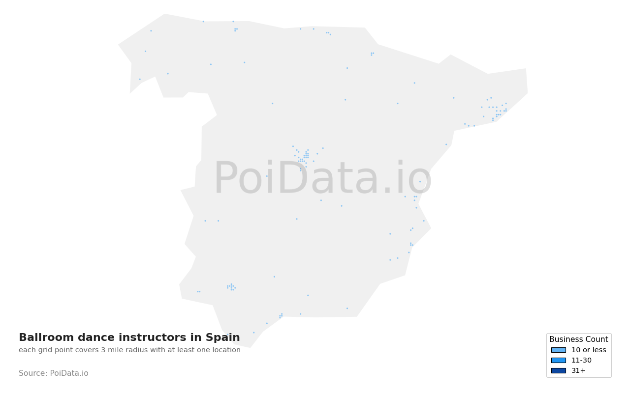 Ballroom dance instructor density map for Spain