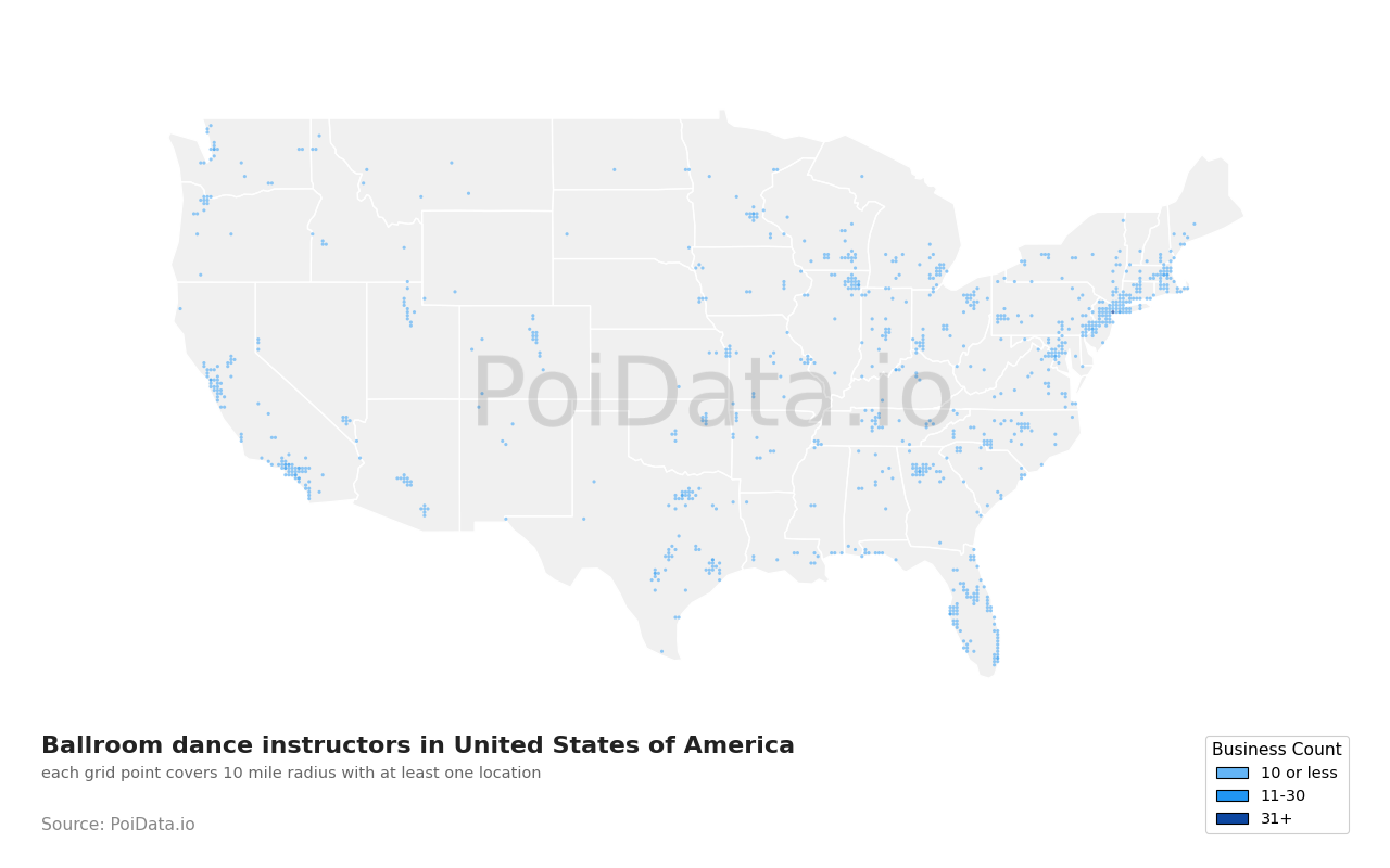 Ballroom dance instructor density map for North Carolina, United States