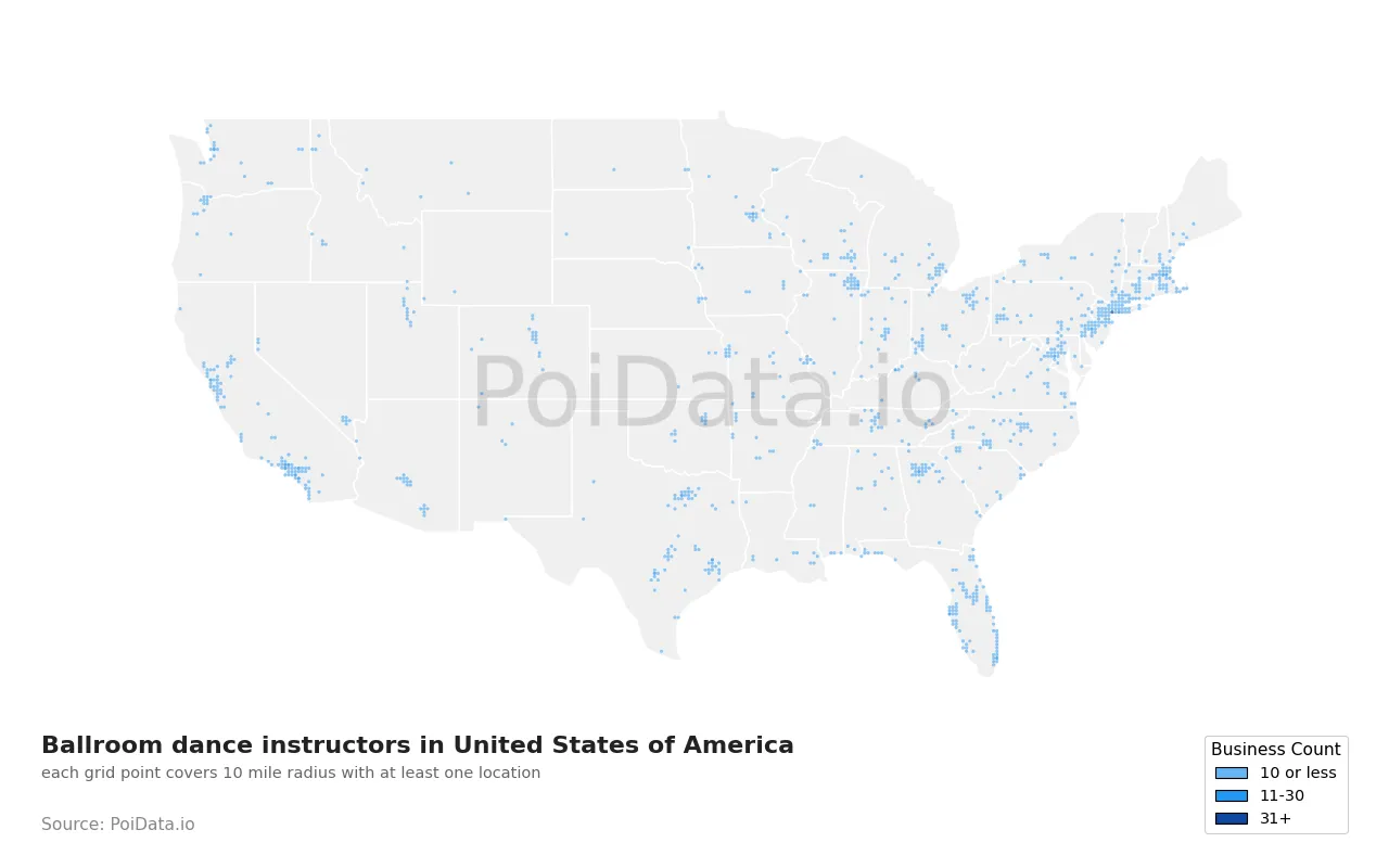 Ballroom dance instructor density map for United States