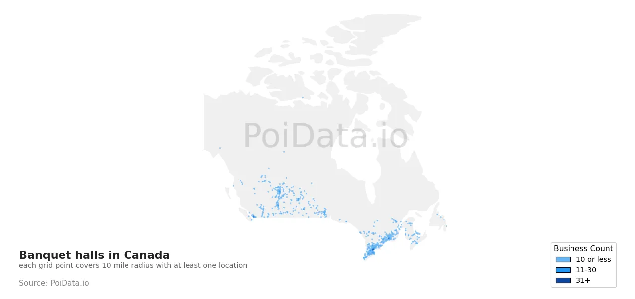 Banquet hall density map for Canada