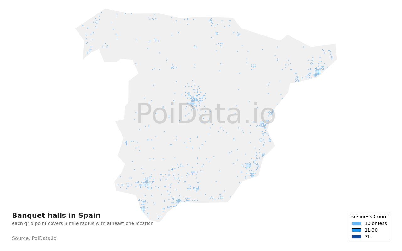 Banquet hall density map for Spain