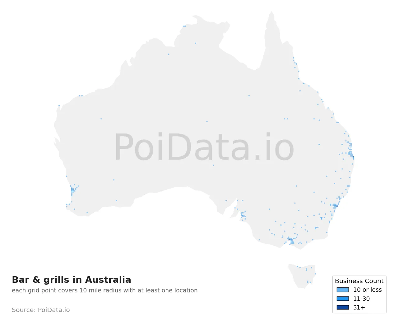 Bar & grill density map for Australia